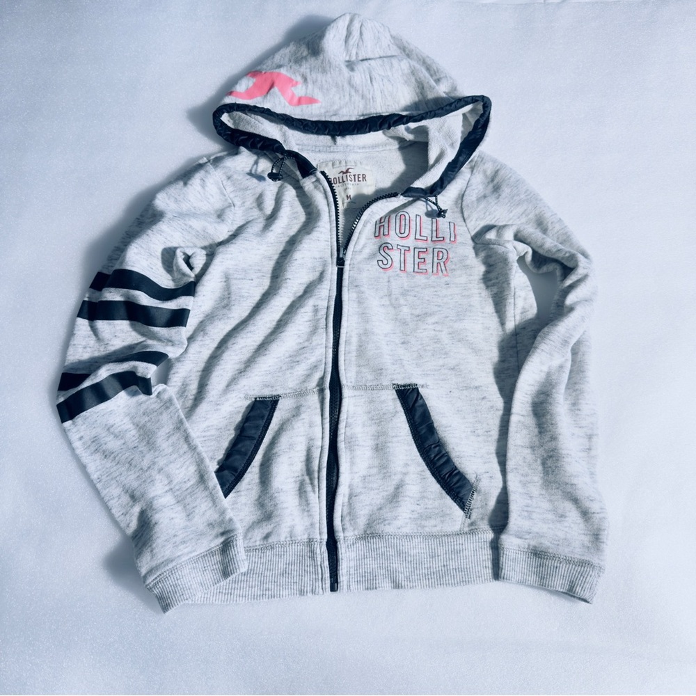 Hollister Full-Zip Varsity Stripe Hoodie - Grey/Pink - Size M